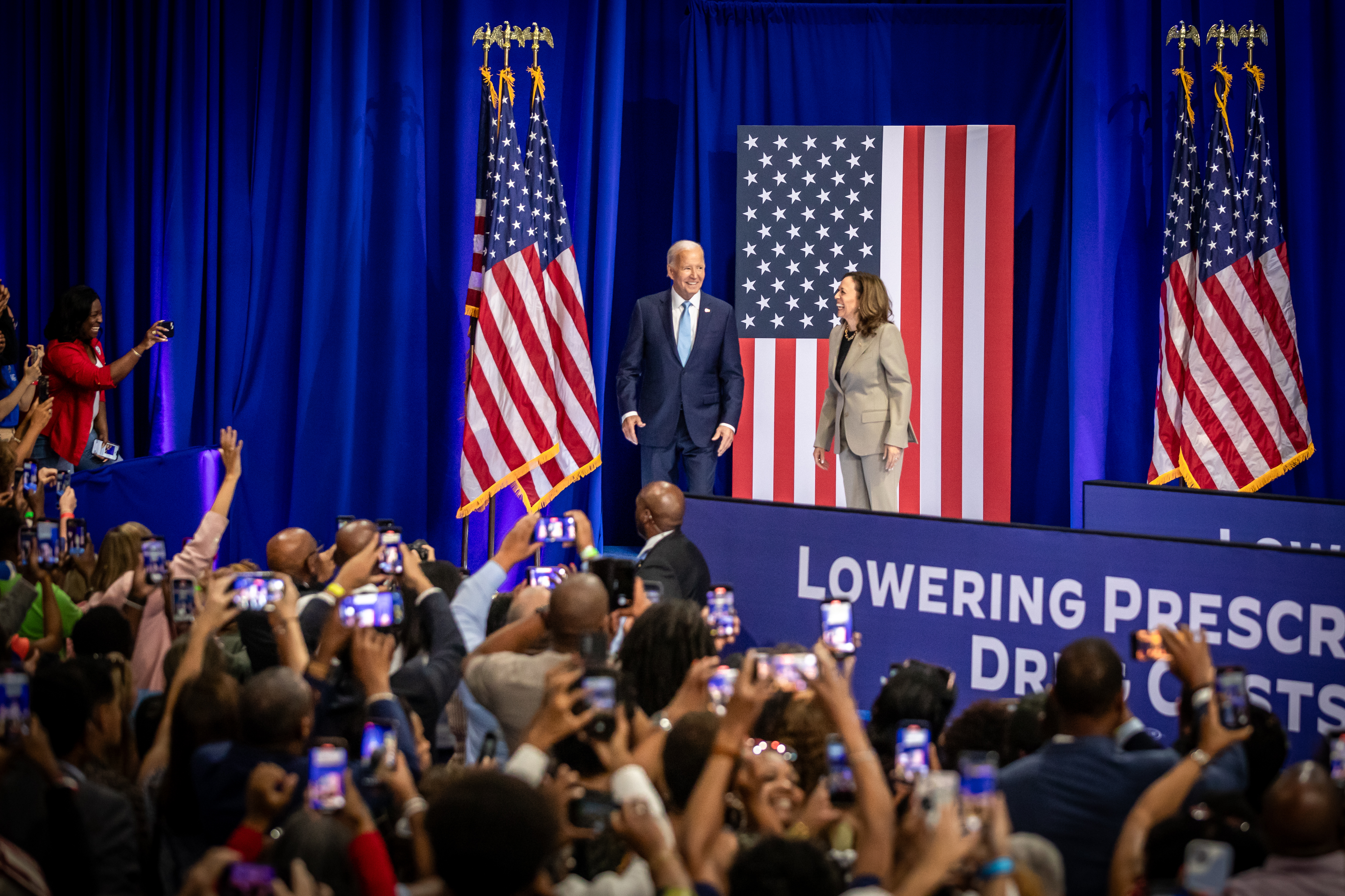 President Biden and Vice President Harris smile together during their appearance at PGCC.