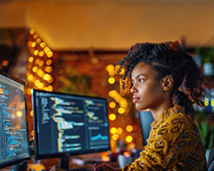 Student looking at two monitors while coding