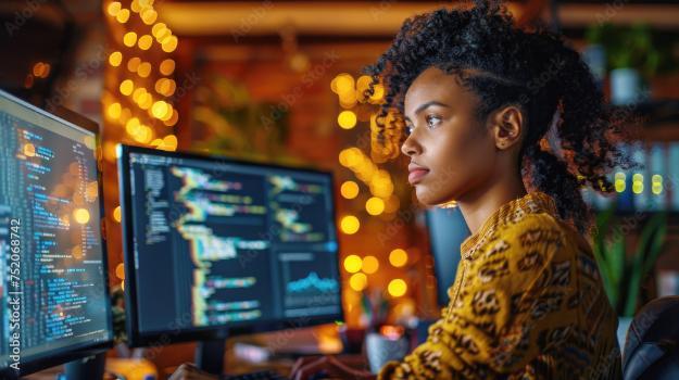 Student is looking at the computer and work on coding