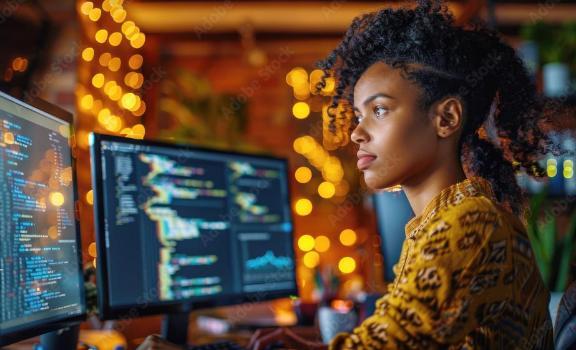 Student looking at two monitors while coding